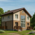 Проект дома «П-183В» из СИП-панелей, 183 м² — двухэтажный дом с бежевым фасадом, коричневой крышей и панорамными окнами | HotWell.KZ