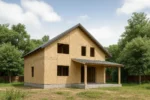 Дом «П-196Б», 196 м², 1.5 этажа, в черновой отделке: коробка из СИП-панелей OSB-3, двускатная кровля из металлочерепицы, проёмы без окон и дверей, в проёмах видны сосновые балки перекрытия
