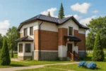 Проект дома «П-199Б» из СИП-панелей, 199 м² — двухэтажный дом с кирпичным фасадом, черной крышей и крыльцом | HotWell.KZ