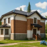 Проект дома «П-199Б» из СИП-панелей, 199 м² — двухэтажный дом с кирпичным фасадом, черной крышей и крыльцом | HotWell.KZ
