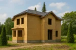Дом «П-199Б», 199 м², 2 этажа, в черновой отделке: коробка из СИП-панелей OSB-3, вальмовая кровля из металлочерепицы, проёмы без окон и дверей, в проёмах видны сосновые балки перекрытия