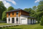 Проект дома «П-215» из СИП-панелей, 215 м² — двухэтажный дом с белым фасадом, серой крышей и гаражом | HotWell.KZ