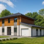 Проект дома «П-215» из СИП-панелей, 215 м² — двухэтажный дом с белым фасадом, серой крышей и гаражом | HotWell.KZ