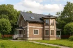 Проект дома «П-215Б» из СИП-панелей, 215 м² — двухэтажный дом с коричневым фасадом, серой крышей и террасой | HotWell.KZ
