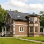 Проект дома «П-215Б» из СИП-панелей, 215 м² — двухэтажный дом с коричневым фасадом, серой крышей и террасой | HotWell.KZ