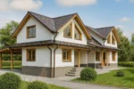 Проект дома «П-216» из СИП-панелей, 216 м² — двухэтажный дом с белым фасадом, коричневой крышей и террасой | HotWell.KZ