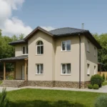 Проект дома «П-236» из СИП-панелей, 236 м² — двухэтажный дом с бежевым фасадом, серой крышей и крытой террасой | HotWell.KZ