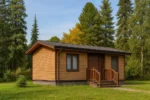 Проект дома «П-30» из СИП-панелей, 30 м² — одноэтажный дом с деревянным фасадом, темной крышей и крыльцом | HotWell.KZ