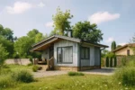 Проект дома «П-32» из СИП-панелей, 32 м² — одноэтажный дом с серым фасадом, плоской крышей и крытым крыльцом | HotWell.KZ