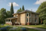 Проект дома «П-322» из СИП-панелей, 322 м² — двухэтажный дом с бежевым фасадом, серой крышей и террасой | HotWell.KZ