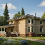 Проект дома «П-322» из СИП-панелей, 322 м² — двухэтажный дом с бежевым фасадом, серой крышей и террасой | HotWell.KZ
