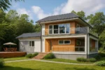 Проект дома «П-325» из СИП-панелей, 325 м² — двухэтажный дом с серым фасадом, черной крышей и террасой | HotWell.KZ