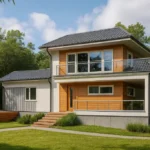 Проект дома «П-325» из СИП-панелей, 325 м² — двухэтажный дом с серым фасадом, черной крышей и террасой | HotWell.KZ