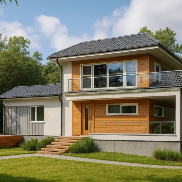 Проект дома «П-325» из СИП-панелей, 325 м² — двухэтажный дом с серым фасадом, черной крышей и террасой | HotWell.KZ