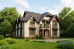 Проект дома «П-353» из СИП-панелей, 353 м² — двухэтажный дом с бежевым фасадом, коричневой крышей и балконом | HotWell.KZ