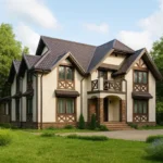 Проект дома «П-353» из СИП-панелей, 353 м² — двухэтажный дом с бежевым фасадом, коричневой крышей и балконом | HotWell.KZ