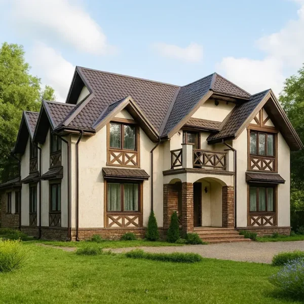 Проект дома «П-353» из СИП-панелей, 353 м² — двухэтажный дом с бежевым фасадом, коричневой крышей и балконом | HotWell.KZ