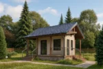 Проект дома «П-36» из СИП-панелей, 36 м² — одноэтажный дом с бежевым фасадом, серой крышей и крытым крыльцом | HotWell.KZ