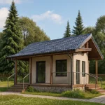 Проект дома «П-36» из СИП-панелей, 36 м² — одноэтажный дом с бежевым фасадом, серой крышей и крытым крыльцом | HotWell.KZ