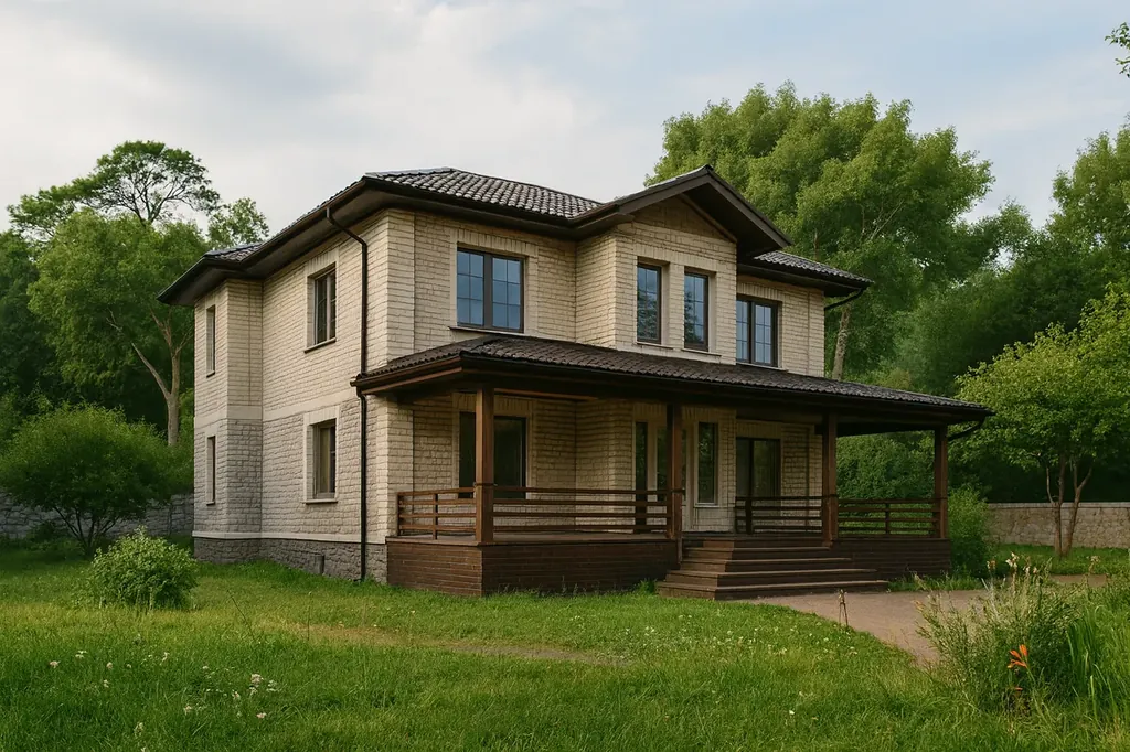 Проект дома «П-368» Проект дома «П-368» из СИП-панелей, 368 м² — двухэтажный дом с бежевым фасадом, темной крышей и крытой террасой | HotWell.KZ