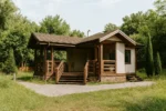 Проект дома «П-39» из СИП-панелей, 39 м² — одноэтажный дом с белым фасадом, коричневой крышей и террасой | HotWell.KZ