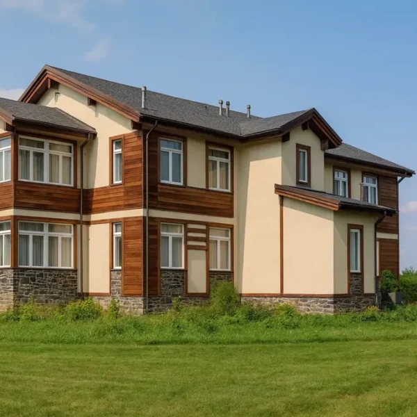 Проект дома «П-434» из СИП-панелей, 434 м² — двухэтажный дом с бежевым фасадом, коричневыми вставками и серой крышей | HotWell.KZ