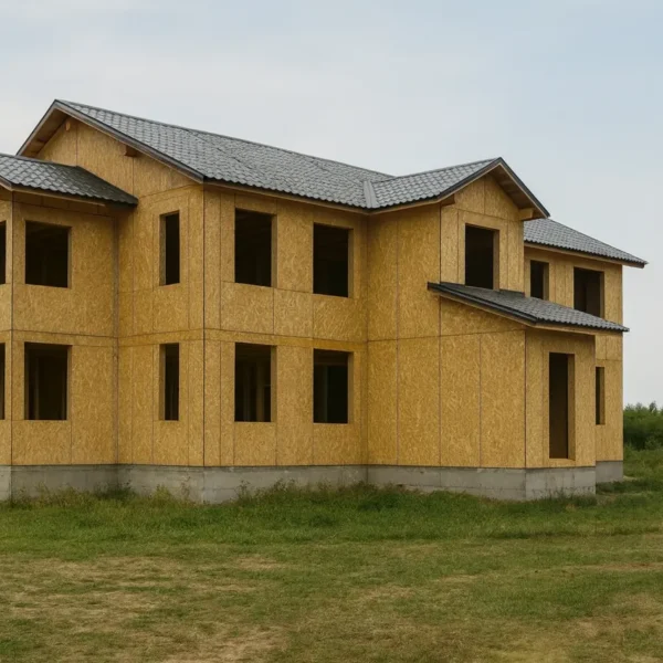 Дом «П-434», 434 м², 2 этажа, в черновой отделке: коробка из СИП-панелей OSB-3, двускатная кровля из металлочерепицы, проёмы без окон и дверей, в проёмах видны сосновые балки перекрытия