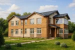 Проект дома «П-434Б» из СИП-панелей, 434 м² — двухэтажный дом с бежевым фасадом, коричневым сайдингом и черной крышей | HotWell.KZ