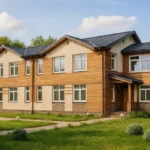 Проект дома «П-434Б» из СИП-панелей, 434 м² — двухэтажный дом с бежевым фасадом, коричневым сайдингом и черной крышей | HotWell.KZ