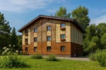 Проект дома «П-483» из СИП-панелей, 483 м² — двухэтажный дом с деревянным фасадом и серой крышей | HotWell.KZ
