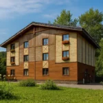 Проект дома «П-483» из СИП-панелей, 483 м² — двухэтажный дом с деревянным фасадом и серой крышей | HotWell.KZ