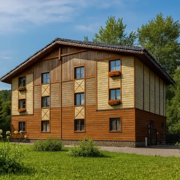 Проект дома «П-483» из СИП-панелей, 483 м² — двухэтажный дом с деревянным фасадом и серой крышей | HotWell.KZ