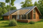 Проект дома «П-492» из СИП-панелей, 492 м² — одноэтажный дом с деревянным фасадом, серой крышей и террасой | HotWell.KZ