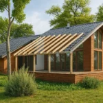 Проект дома «П-492» из СИП-панелей, 492 м² — одноэтажный дом с деревянным фасадом, серой крышей и террасой | HotWell.KZ