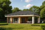 Проект дома «П-52» из СИП-панелей, 52 м² — одноэтажный дом с деревянным фасадом, черной крышей и террасой | HotWell.KZ