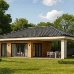 Проект дома «П-52» из СИП-панелей, 52 м² — одноэтажный дом с деревянным фасадом, черной крышей и террасой | HotWell.KZ