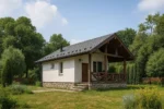 Проект дома «П-62» из СИП-панелей, 62 м² — одноэтажный дом с белым фасадом, серой крышей и крытой террасой | HotWell.KZ