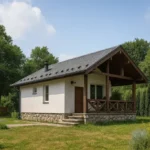 Проект дома «П-62» из СИП-панелей, 62 м² — одноэтажный дом с белым фасадом, серой крышей и крытой террасой | HotWell.KZ