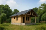 Дом «П-62», 62 м², 1 этаж, в черновой отделке: коробка из СИП-панелей OSB-3, двускатная кровля из металлочерепицы, проёмы без окон и дверей