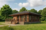 Проект дома «П-64Б» из СИП-панелей, 64 м² — одноэтажный дом с деревянным фасадом, тёмной крышей и террасой | HotWell.KZ