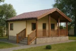 Проект дома «П-64В» из СИП-панелей, 64 м² — одноэтажный дом с бежевым фасадом, коричневой крышей и крытой террасой | HotWell.KZ