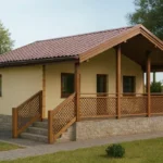 Проект дома «П-64В» из СИП-панелей, 64 м² — одноэтажный дом с бежевым фасадом, коричневой крышей и крытой террасой | HotWell.KZ