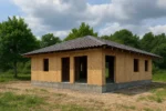 Дом «П-64В», 64 м², 1 этаж, в черновой отделке: коробка из СИП-панелей OSB-3, вальмовая кровля из металлочерепицы, проёмы без окон и дверей