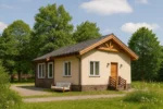 Проект дома «П-67» из СИП-панелей, 67 м² — одноэтажный дом с бежевым фасадом, серой крышей и крыльцом | HotWell.KZ
