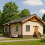 Проект дома «П-67» из СИП-панелей, 67 м² — одноэтажный дом с бежевым фасадом, серой крышей и крыльцом | HotWell.KZ