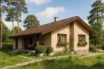 Проект дома «П-71» из СИП-панелей, 71 м² — одноэтажный дом с бежевым фасадом, коричневой крышей и террасой | HotWell.KZ