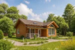 Проект дома «П-73» из СИП-панелей, 73 м² — одноэтажный дом с деревянным фасадом, коричневой крышей и террасой | HotWell.KZ