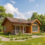 Проект дома «П-73» из СИП-панелей, 73 м² — одноэтажный дом с деревянным фасадом, коричневой крышей и террасой | HotWell.KZ