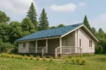 Проект дома «П-80» из СИП-панелей, 80 м² — одноэтажный дом с серым фасадом, синей крышей и крытой террасой | HotWell.KZ