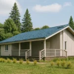 Проект дома «П-80» из СИП-панелей, 80 м² — одноэтажный дом с серым фасадом, синей крышей и крытой террасой | HotWell.KZ